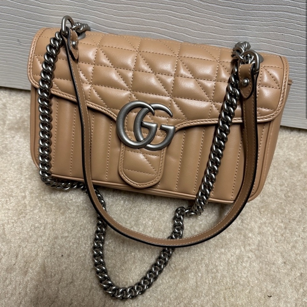 Tan Quilted Leather Bag with Chain Strap